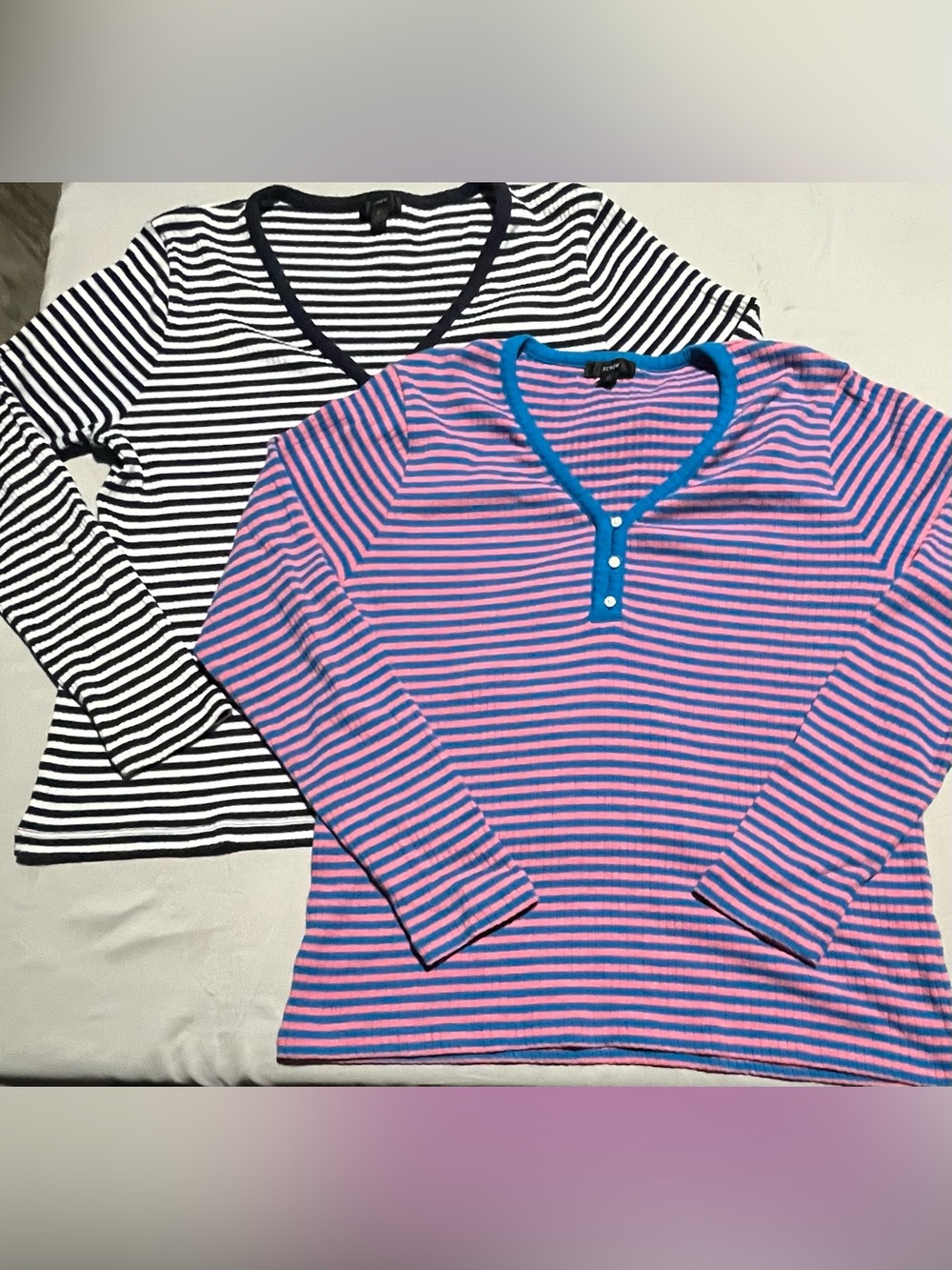 J Crew Ribbed Button Henley Tops Lot 2 Womens XL Stripe Long Sleeve Pink Navy